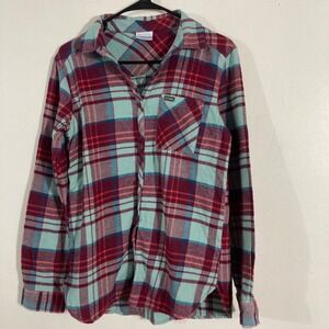 Columbia Flannel Button Down Womens Small Teal Burgundy Plaid  OUTDOOR